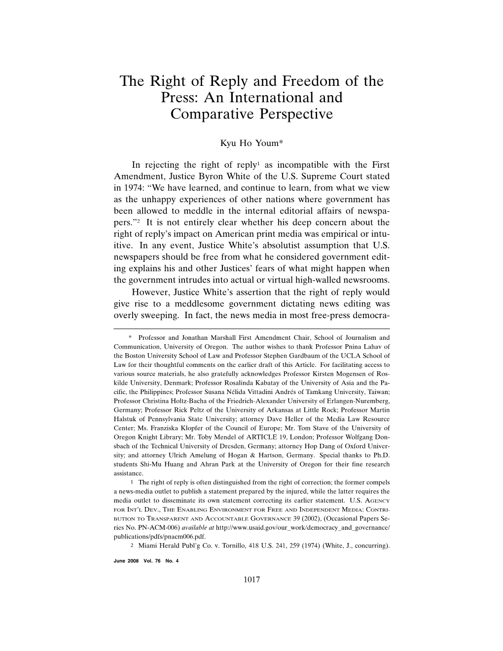 The Right of Reply and Freedom of the Press: an International and Comparative Perspective