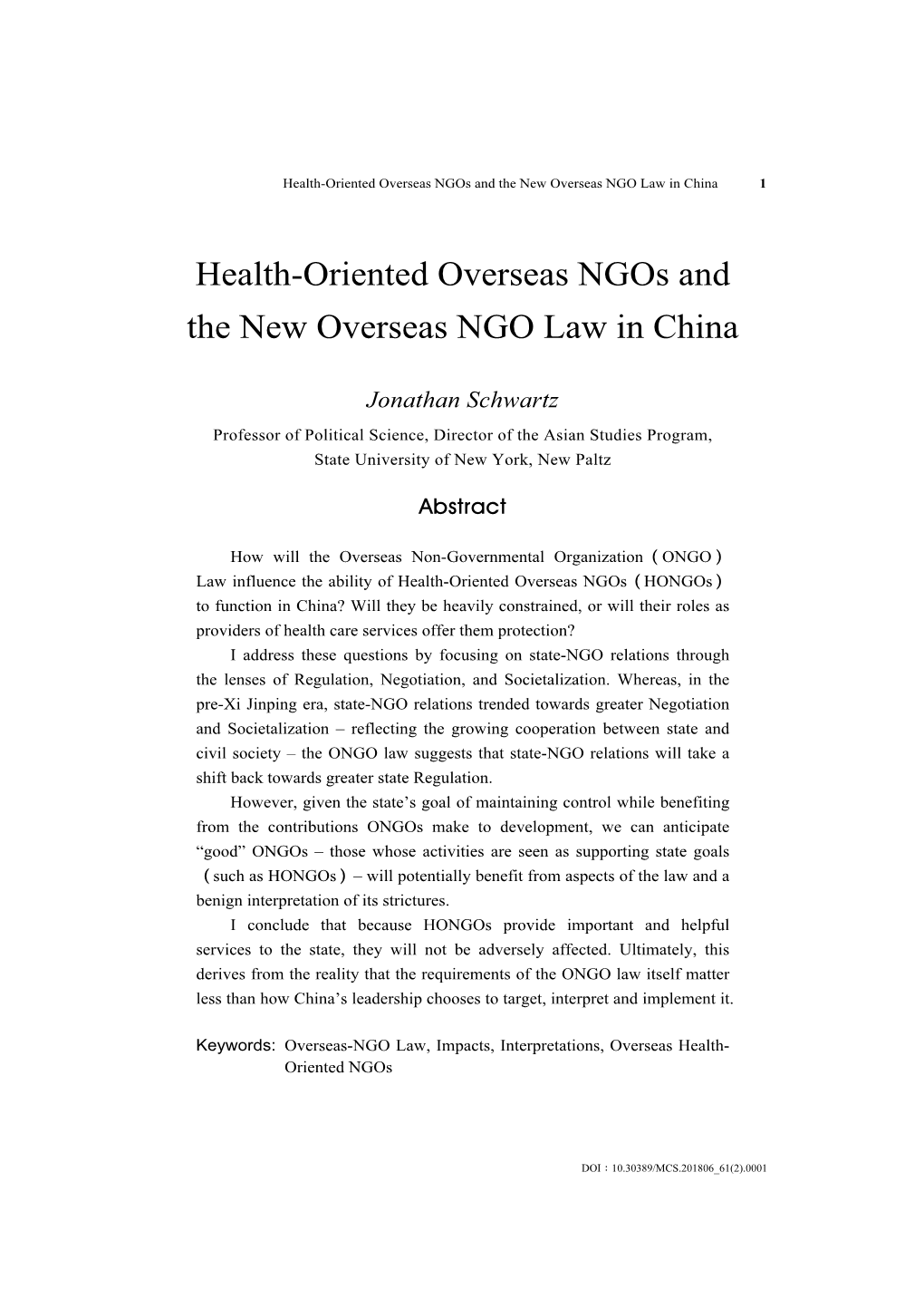 Health-Oriented Overseas Ngos and the New Overseas NGO Law in China 1