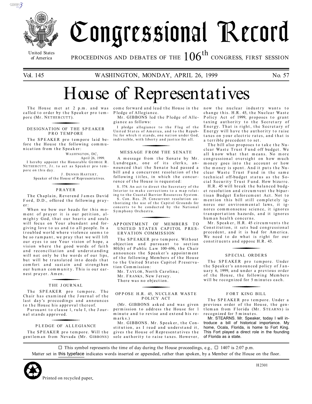 Congressional Record United States Th of America PROCEEDINGS and DEBATES of the 106 CONGRESS, FIRST SESSION