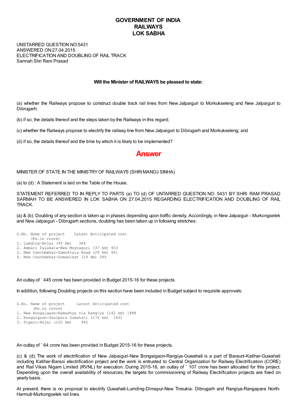 ANSWERED ON:27.04.2015 ELECTRIFICATION and DOUBLING of RAIL TRACK Sarmah Shri Ram Prasad