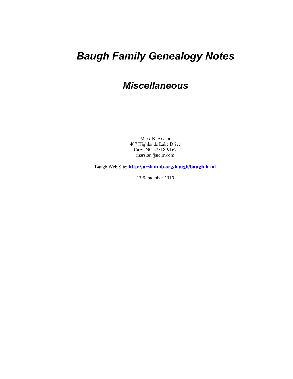 Baugh Family Genealogy Notes