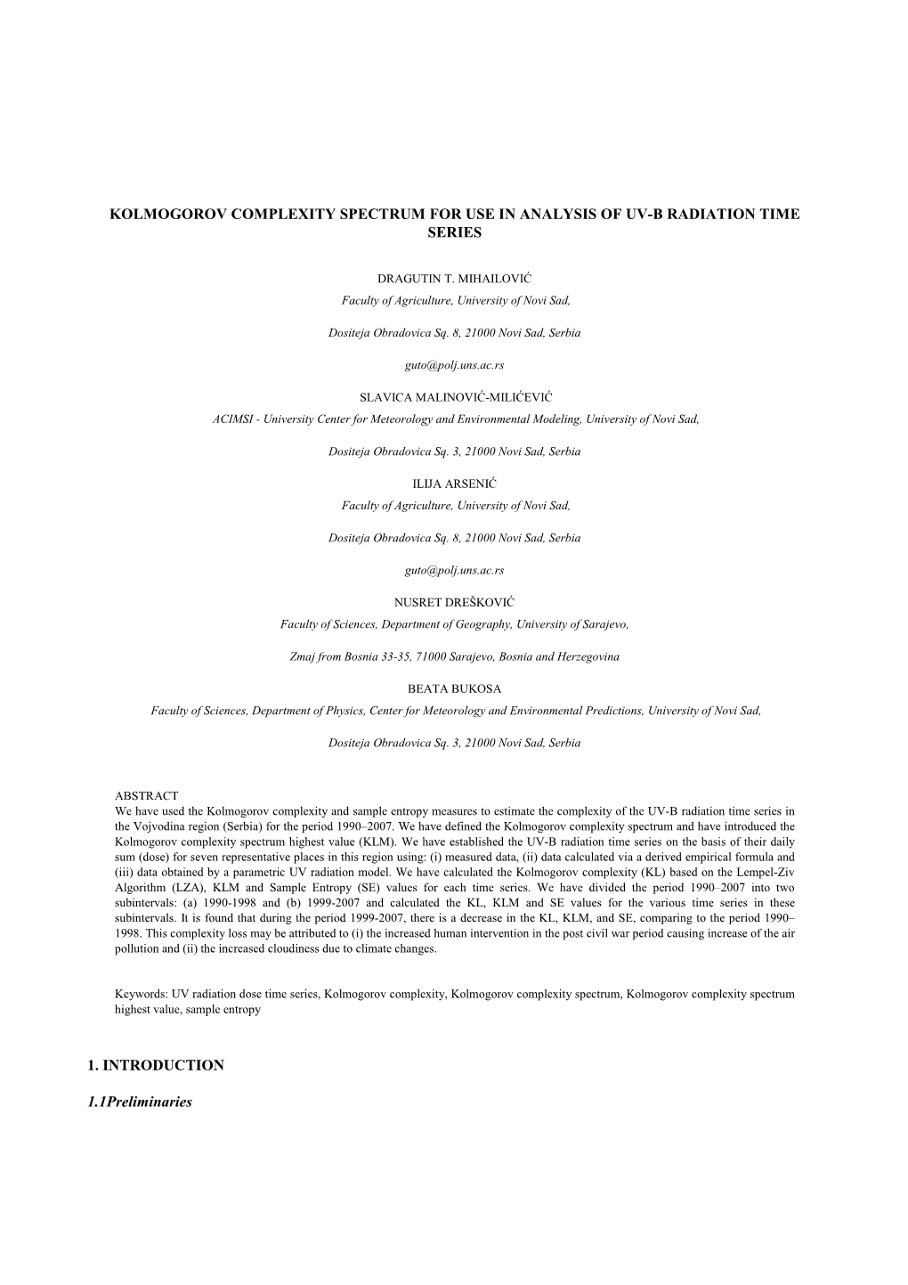 Kolmogorov Complexity Spectrum for Use in Analysis of Uv-B Radiation Time Series