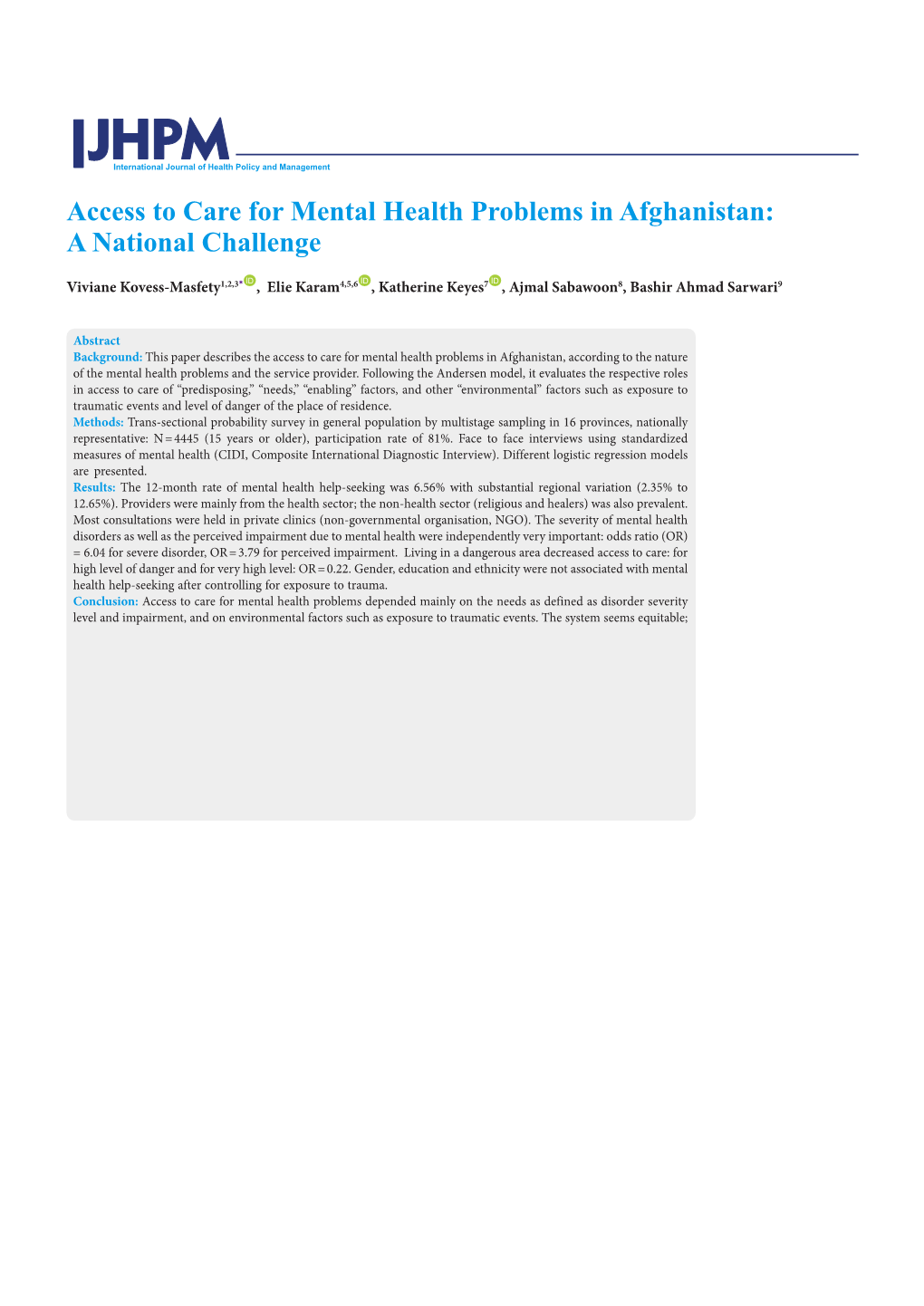 Access to Care for Mental Health Problems in Afghanistan: a National Challenge