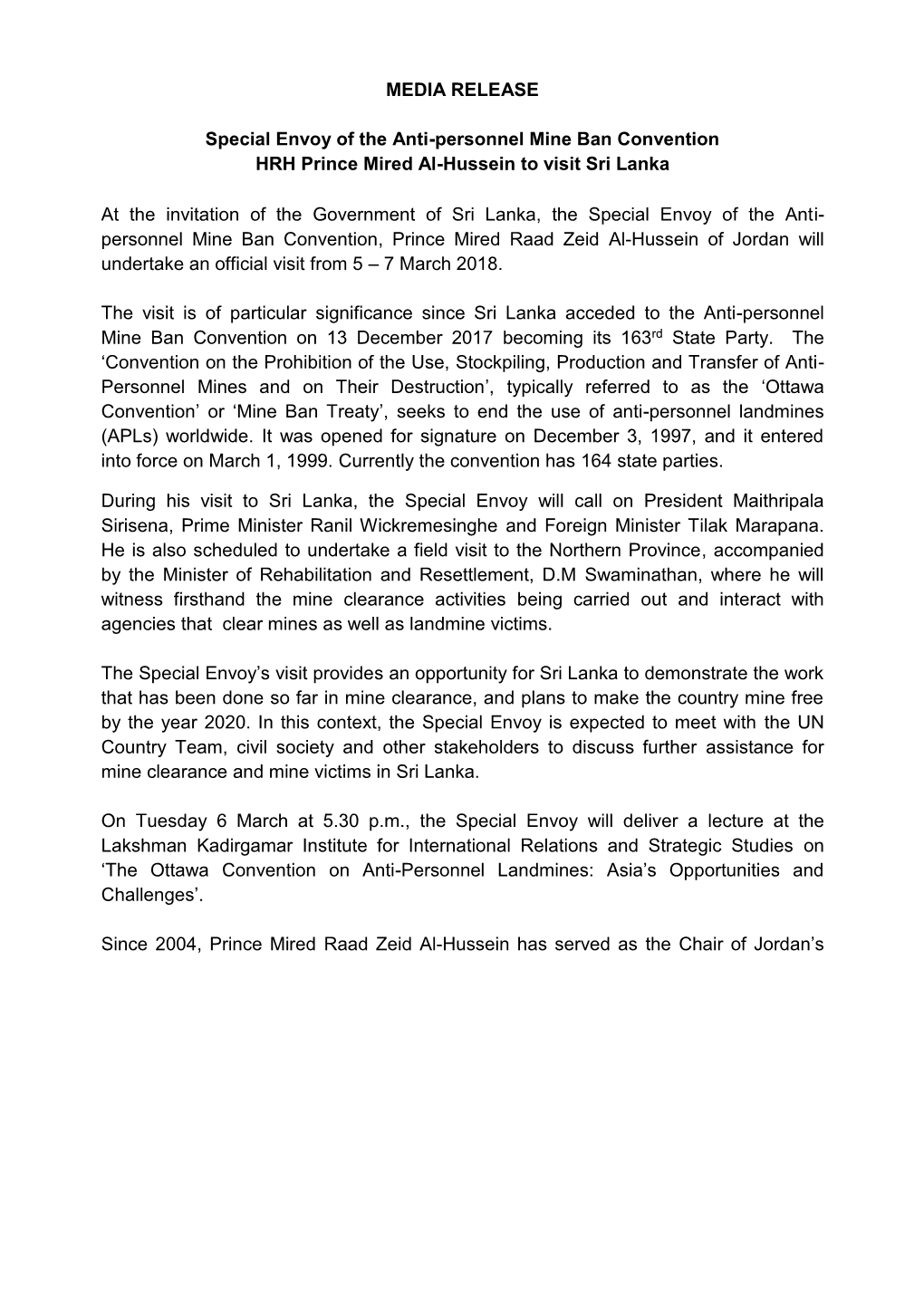 MEDIA RELEASE Special Envoy of the Anti-Personnel Mine Ban