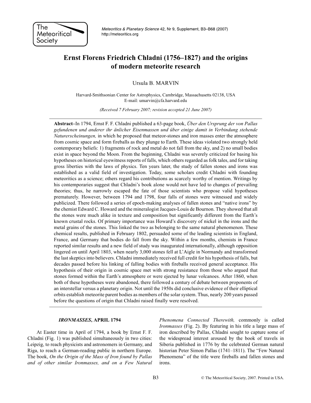 Ernst Florens Friedrich Chladni (1756–1827) and the Origins of Modern Meteorite Research