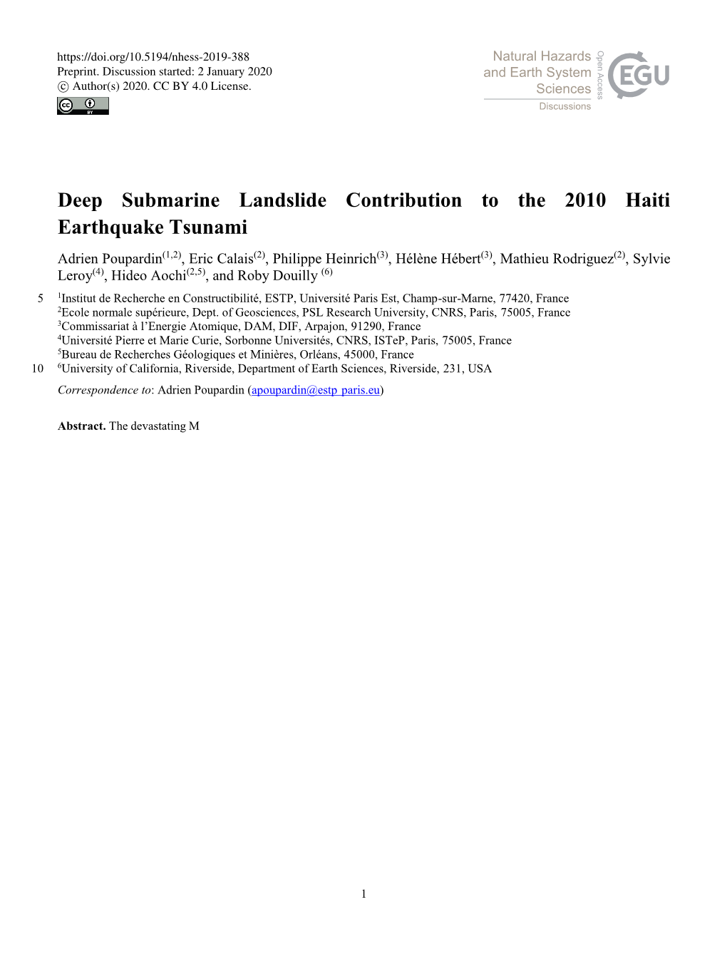 Deep Submarine Landslide Contribution to the 2010 Haiti