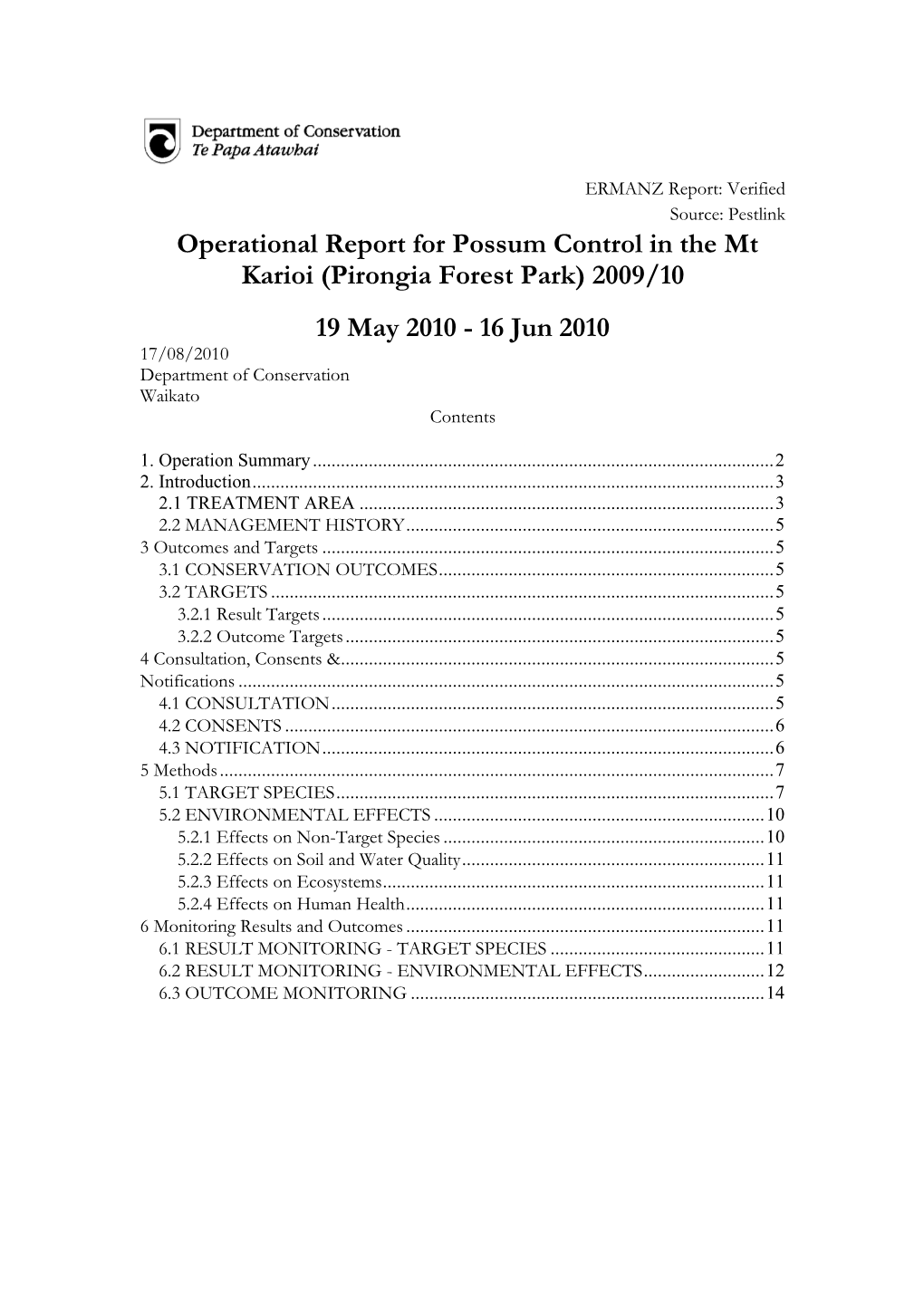 Operational Report for Possum Control in the Mt Karioi (Pirongia Forest Park) 2009/10