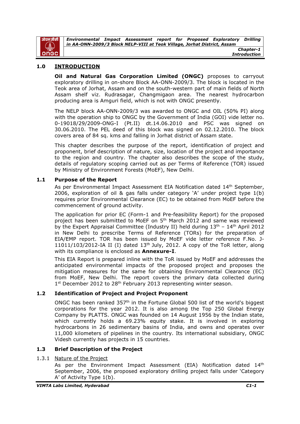 1.0 INTRODUCTION Oil and Natural Gas Corporation Limited (ONGC)