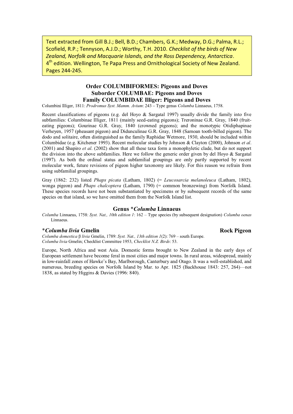 Order COLUMBIFORMES: Pigeons and Doves Suborder COLUMBAE: Pigeons and Doves Family COLUMBIDAE Illiger: Pigeons and Doves Columbini Illiger, 1811: Prodromus Syst