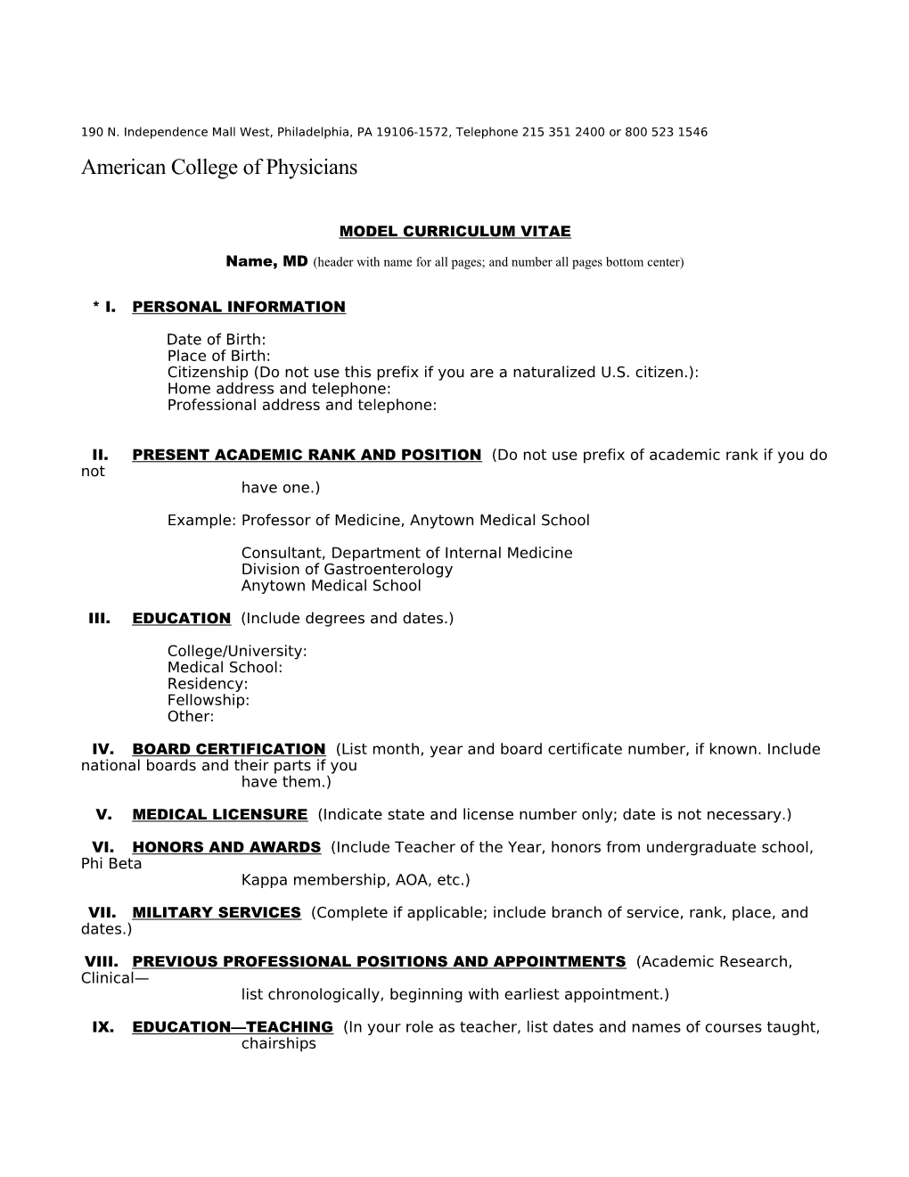 Model Curriculum Vitae