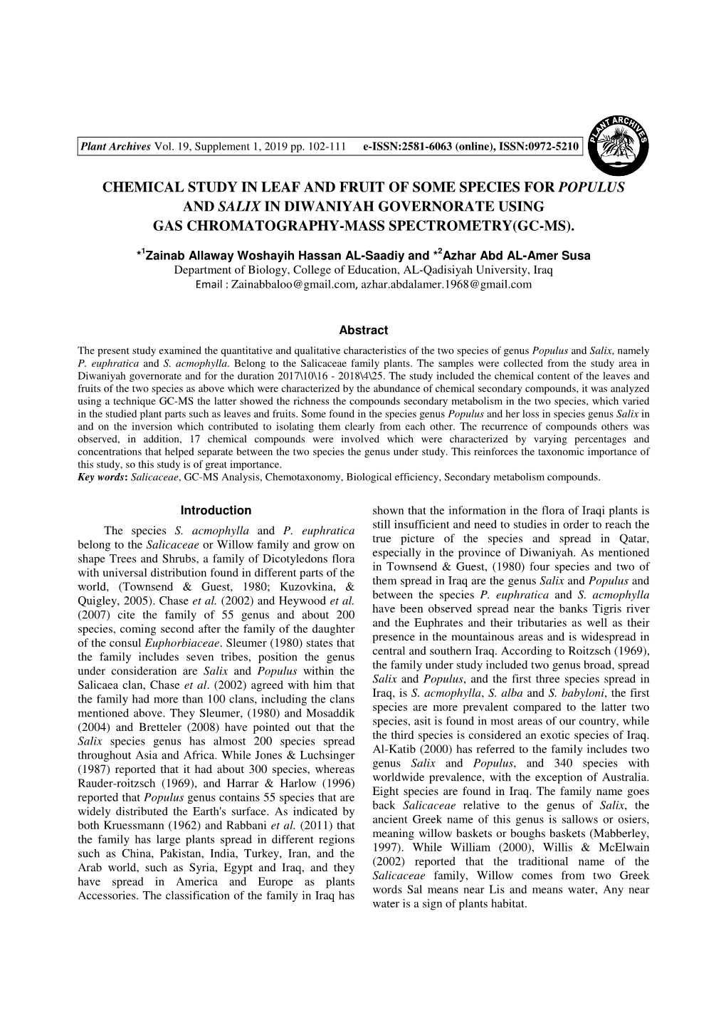 Chemical Study in Leaf and Fruit of Some Species for Populus and Salix in Diwaniyah Governorate Using Gas Chromatography-Mass Spectrometry(Gc-Ms)