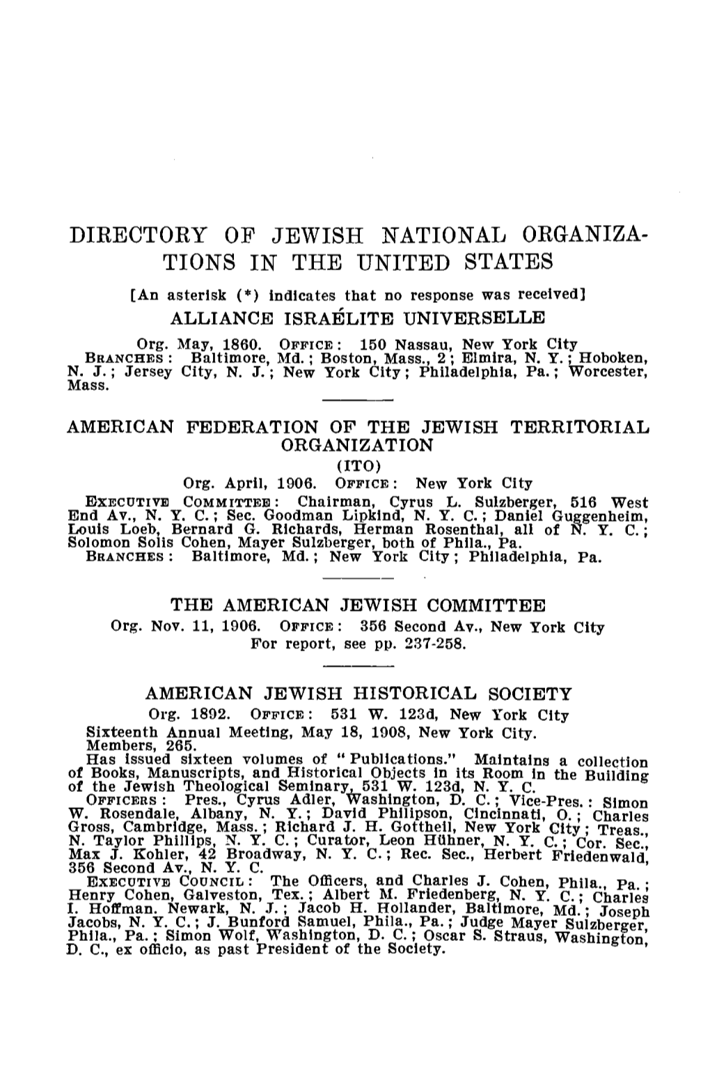 DIEBCTOEY of JEWISH NATIONAL OEGANIZA- TIONS in the UNITED STATES [An Asterisk (*) Indicates That No Response Was Received] ALLIANCE ISRAELITE UNIVERSELLE Org