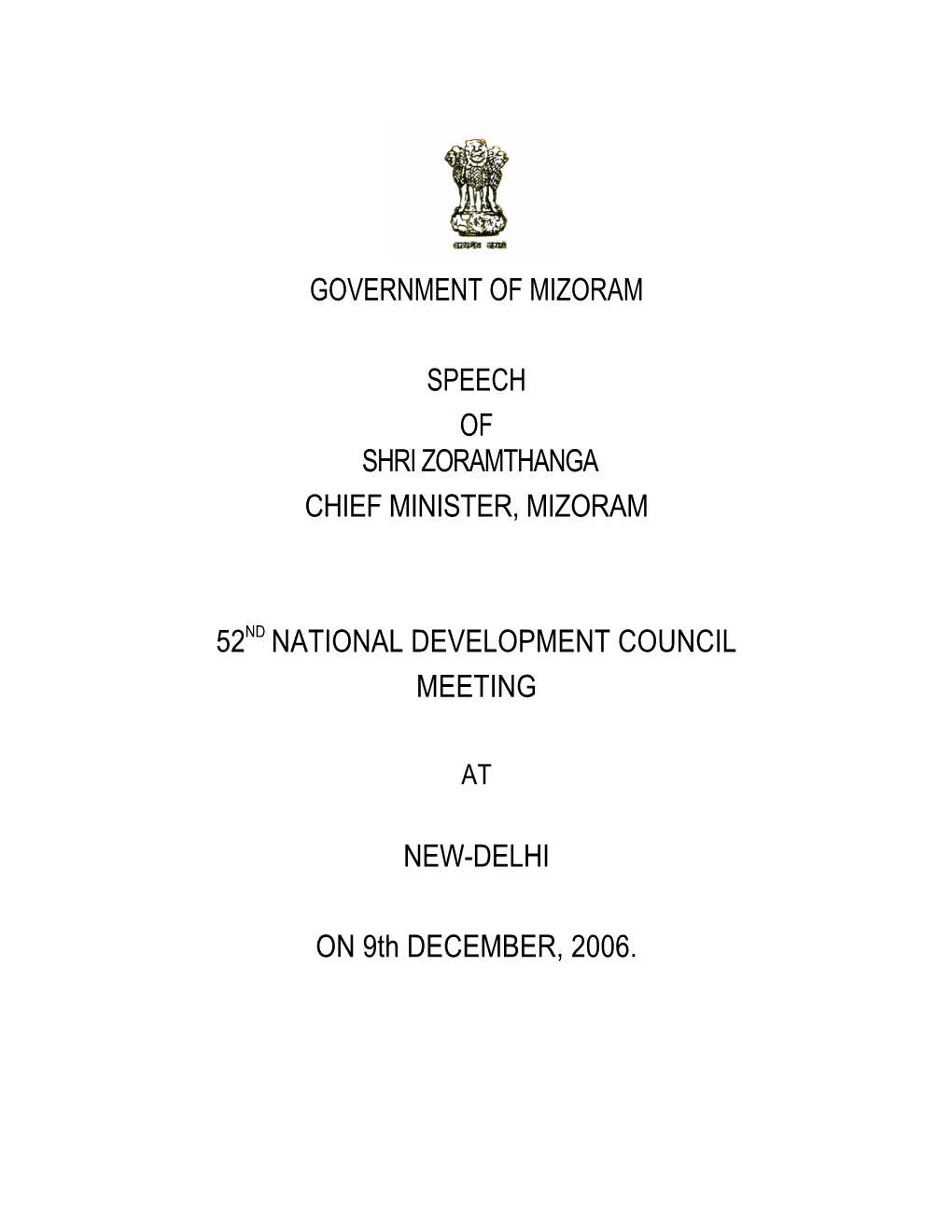 Government of Mizoram Speech of Shri