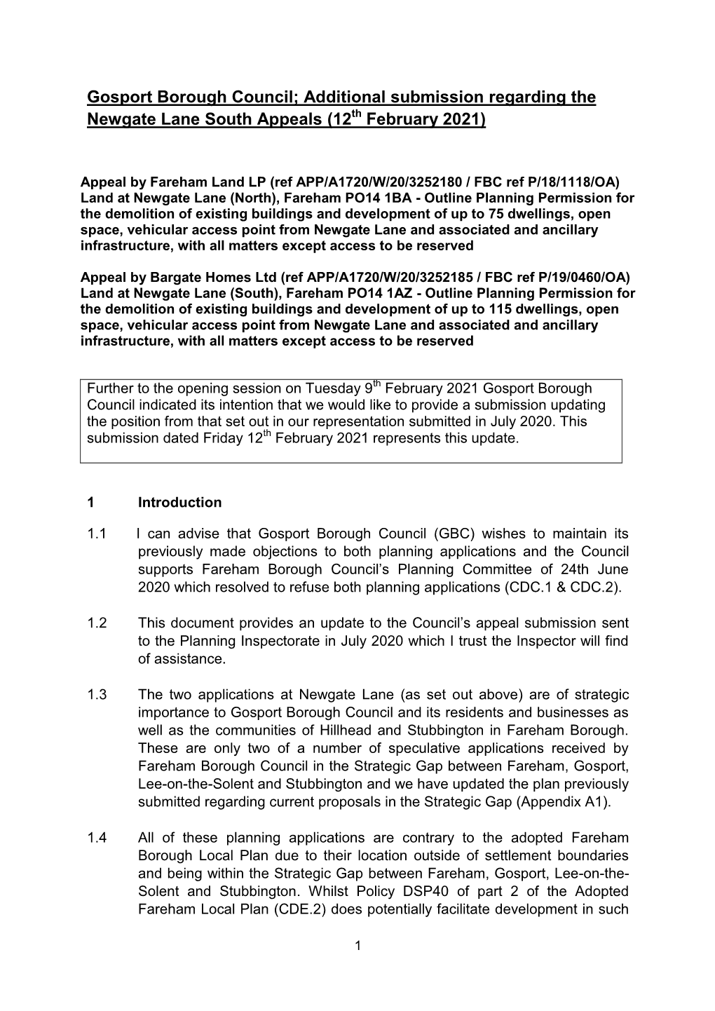 Gosport Borough Council; Additional Submission Regarding the Newgate Lane South Appeals (12Th February 2021)