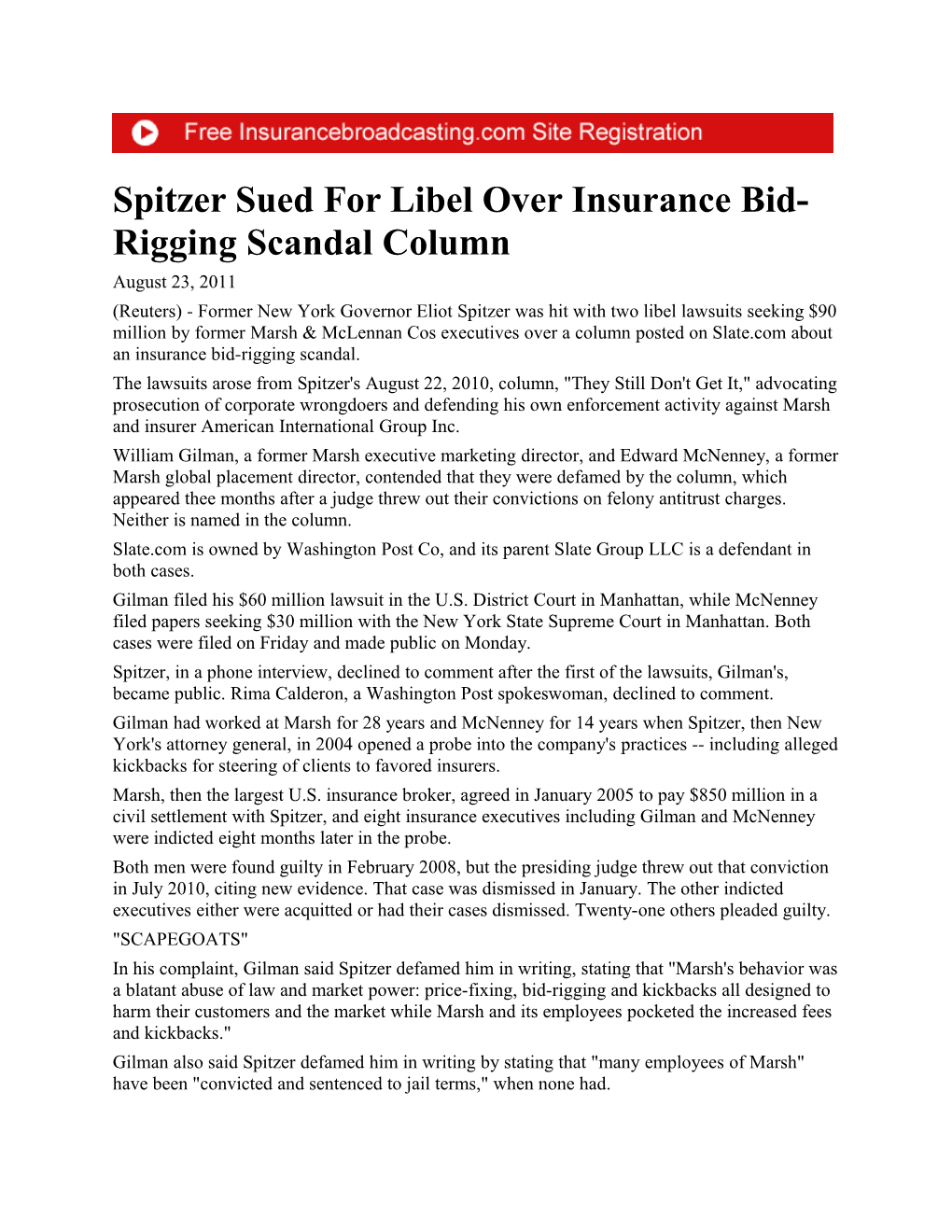 Spitzer Sued for Libel Over Insurance Bid-Rigging Scandal Column
