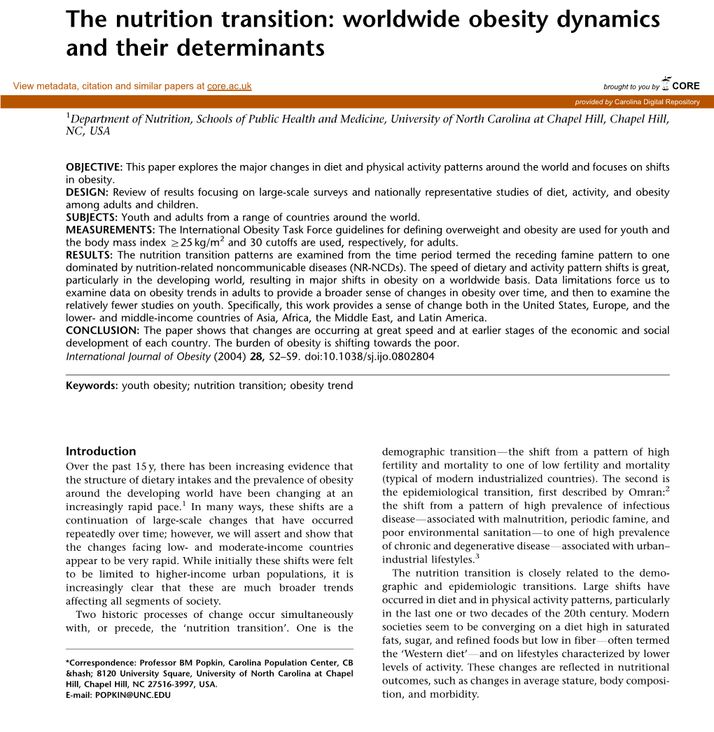 PAPER the Nutrition Transition: Worldwide Obesity Dynamics and Their Determinants