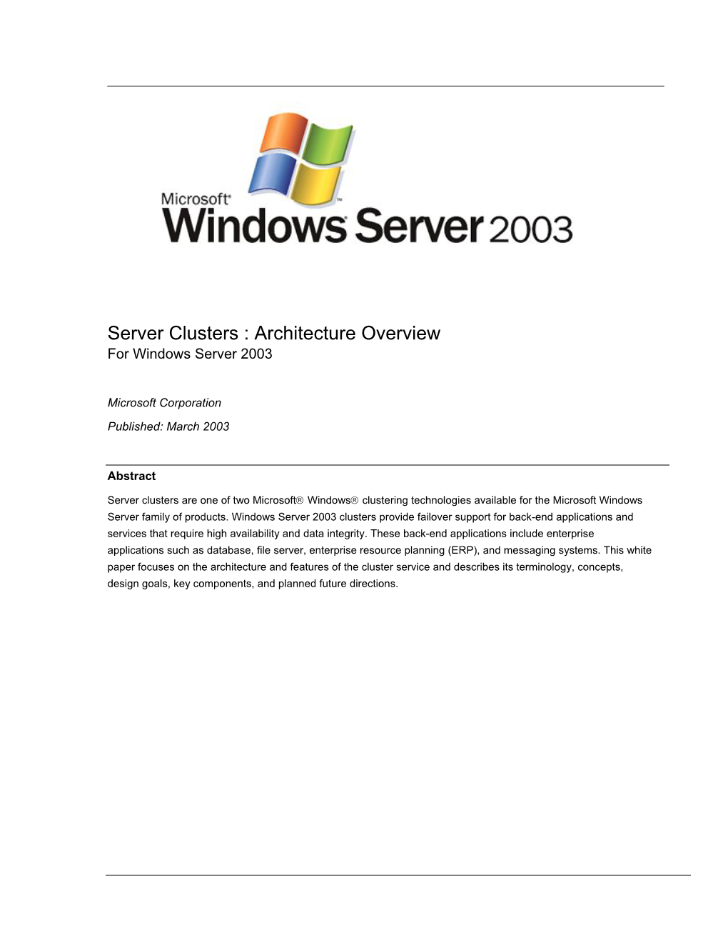 Microsoft Windows Server 2003. Server Clusters: Architecture