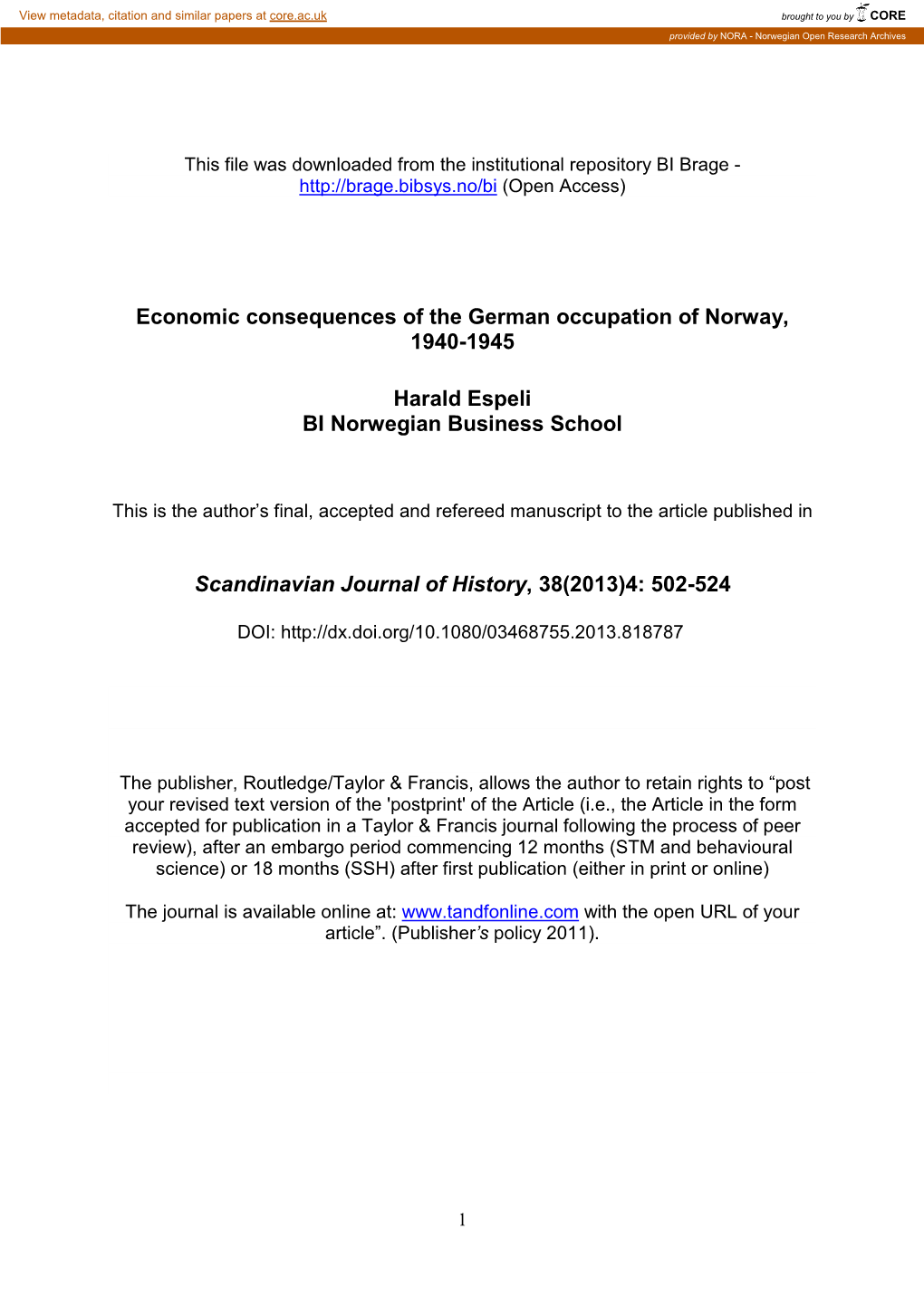 Economic Consequences of the German Occupation of Norway, 1940-1945