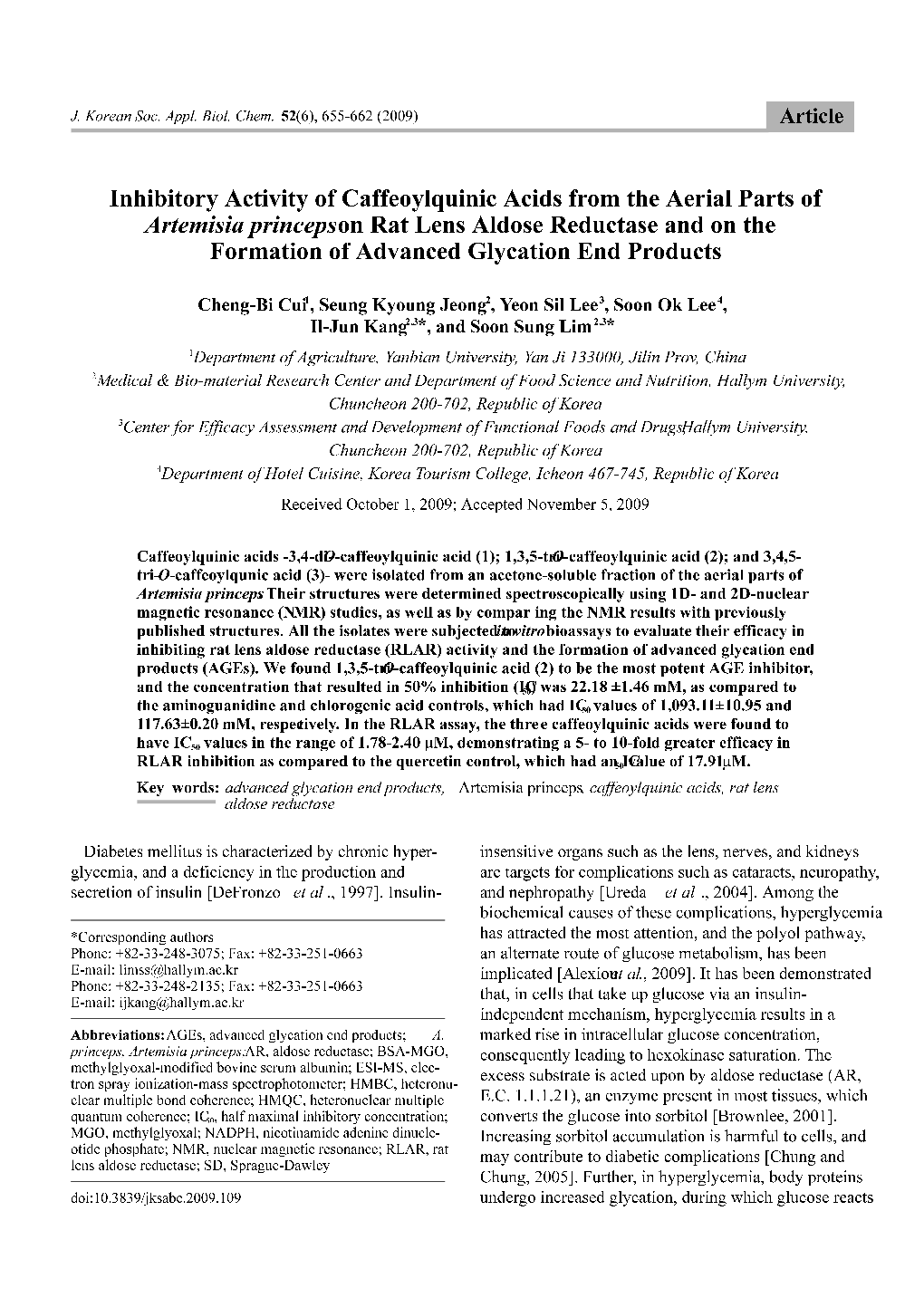 Inhibitory Activity of Caffeoylquinic Acids from the Aerial Parts Of