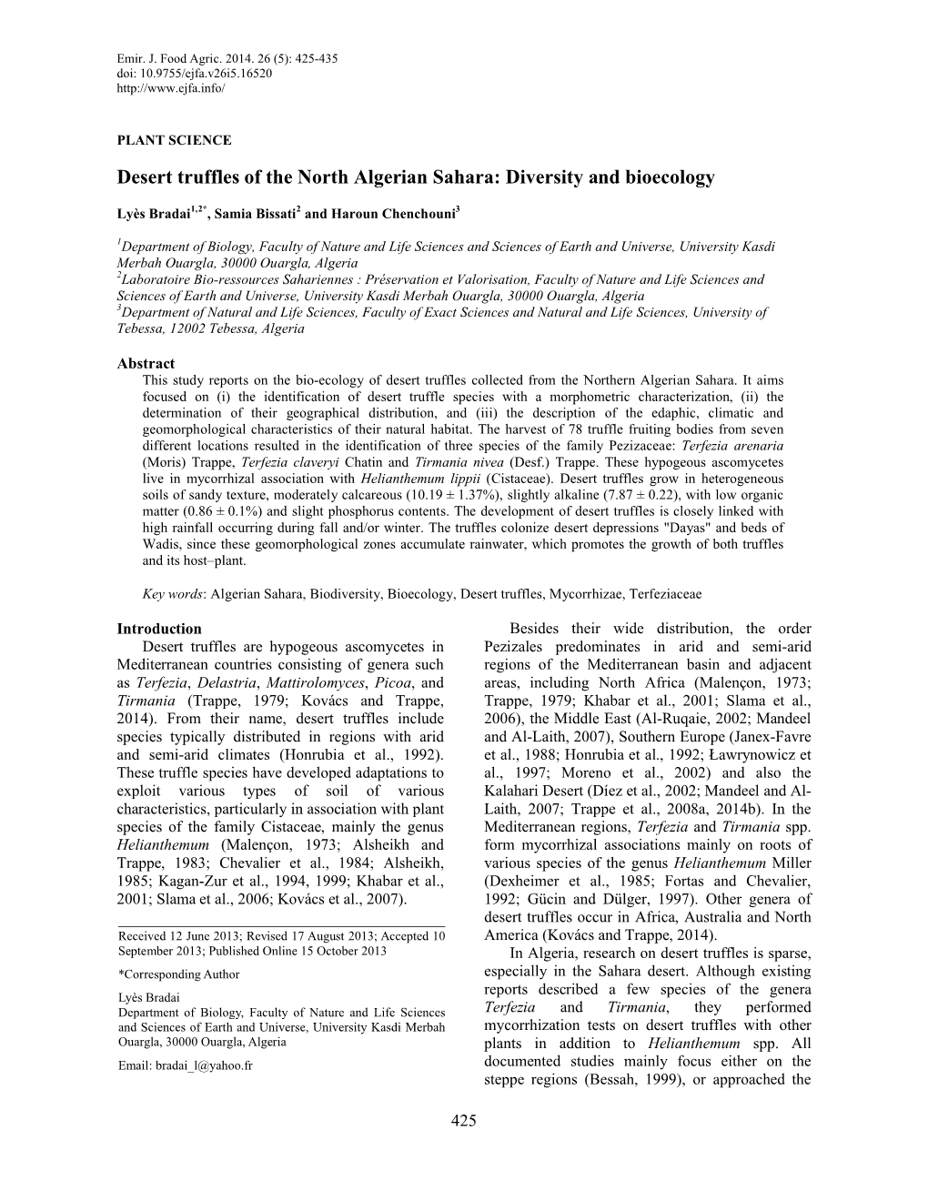 Desert Truffles of the North Algerian Sahara: Diversity and Bioecology