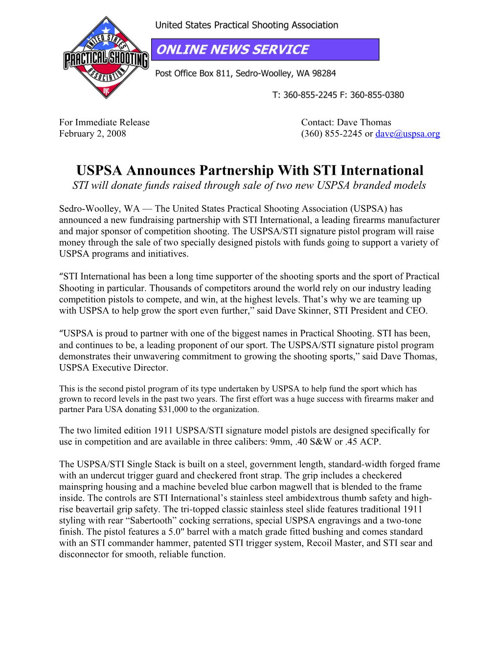 USPSA Announces Partnership with STI International