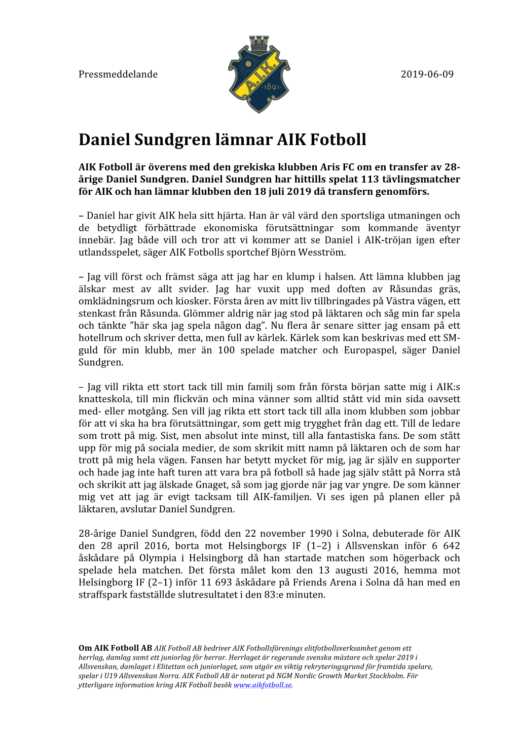 Daniel Sundgren Lämnar AIK Fotboll