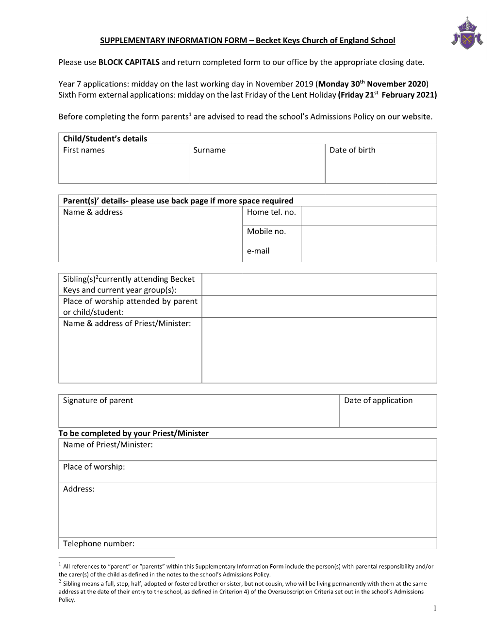 SUPPLEMENTARY INFORMATION FORM – Becket Keys Church of England School