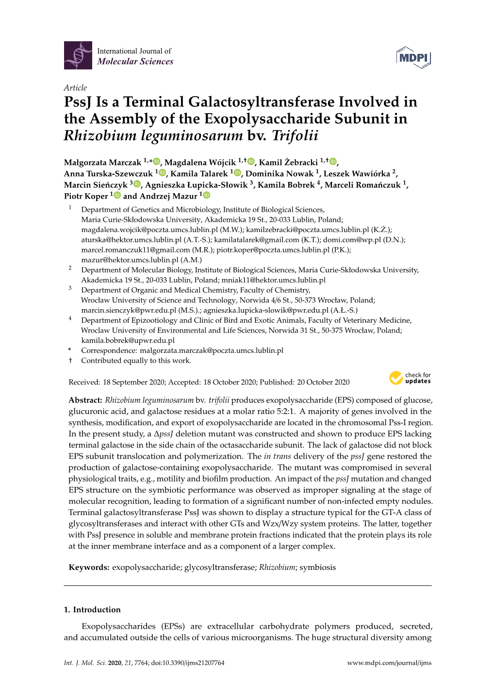 Pssj Is a Terminal Galactosyltransferase Involved in the Assembly of the Exopolysaccharide Subunit in Rhizobium Leguminosarum Bv