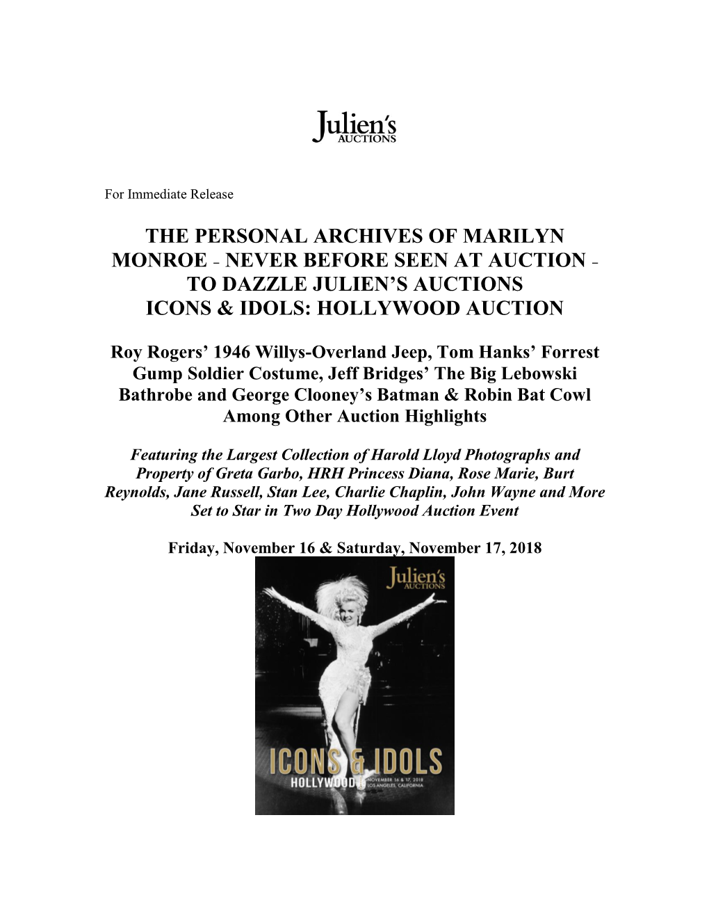 The Personal Archives of Marilyn Monroe – Never Before Seen at Auction – to Dazzle Julien’S Auctions Icons & Idols: Hollywood Auction