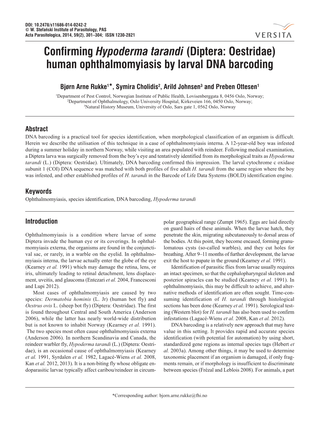 Diptera: Oestridae) Human Ophthalmomyiasis by Larval DNA Barcoding
