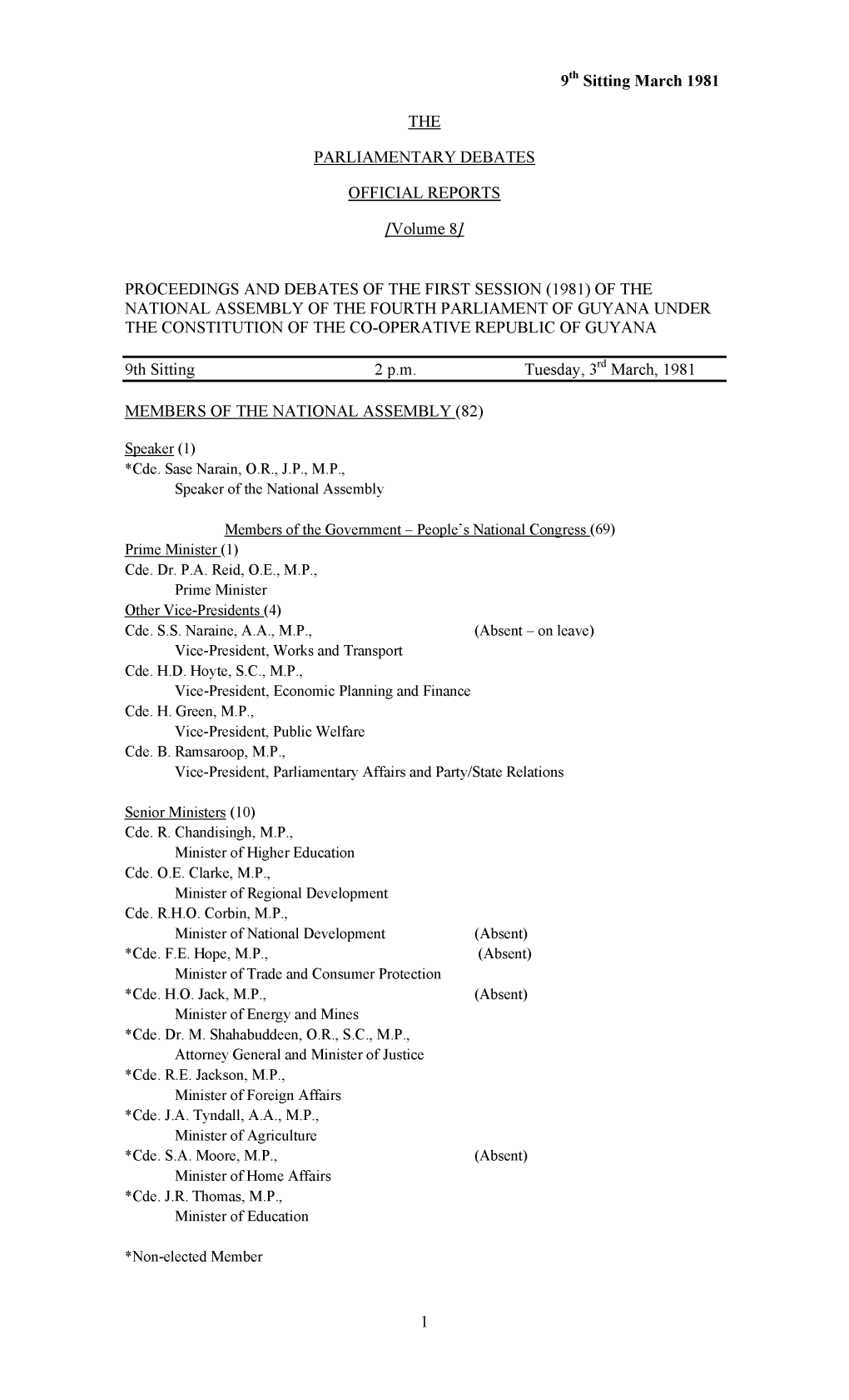 9Th Sitting March 1981 the PARLIAMENTARY DEBATES OFFICIAL REPORTS