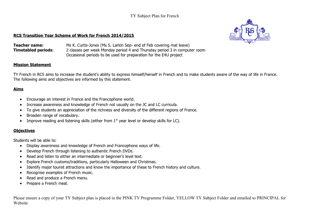 RCS Transition Year Scheme of Work for French 2014/2015