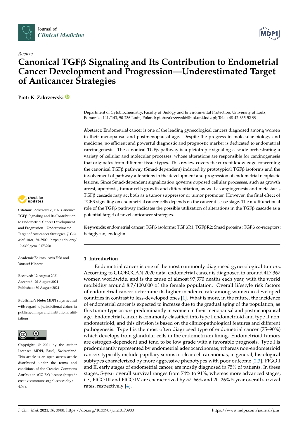 Canonical TGF Signaling and Its Contribution to Endometrial Cancer