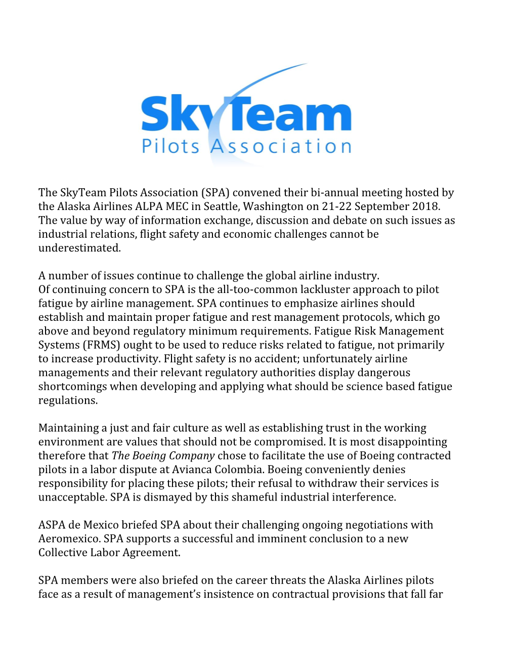 The Skyteam Pilots Association (SPA) Convened Their Bi-Annual Meeting Hosted by the Alaska Airlines ALPA MEC in Seattle, Washington on 21-22 September 2018