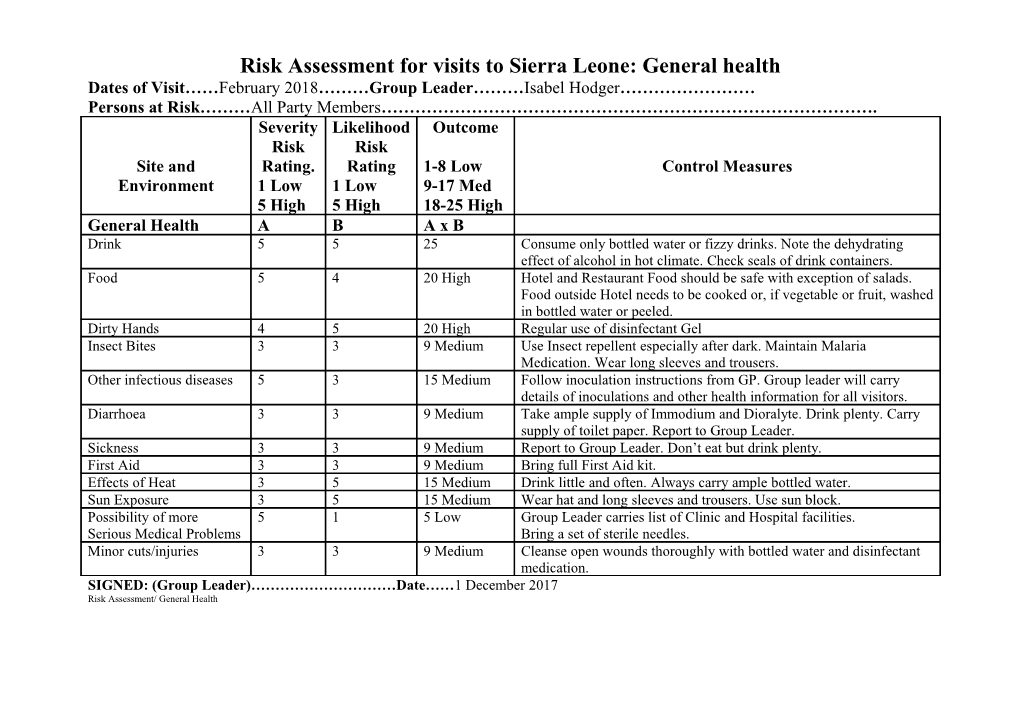 Risk Assessment for Visits to Sierra Leone