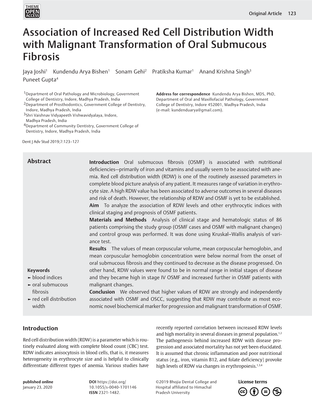 Association of Increased Red Cell Distribution Width with Malignant Transformation of Oral Submucous Fibrosis