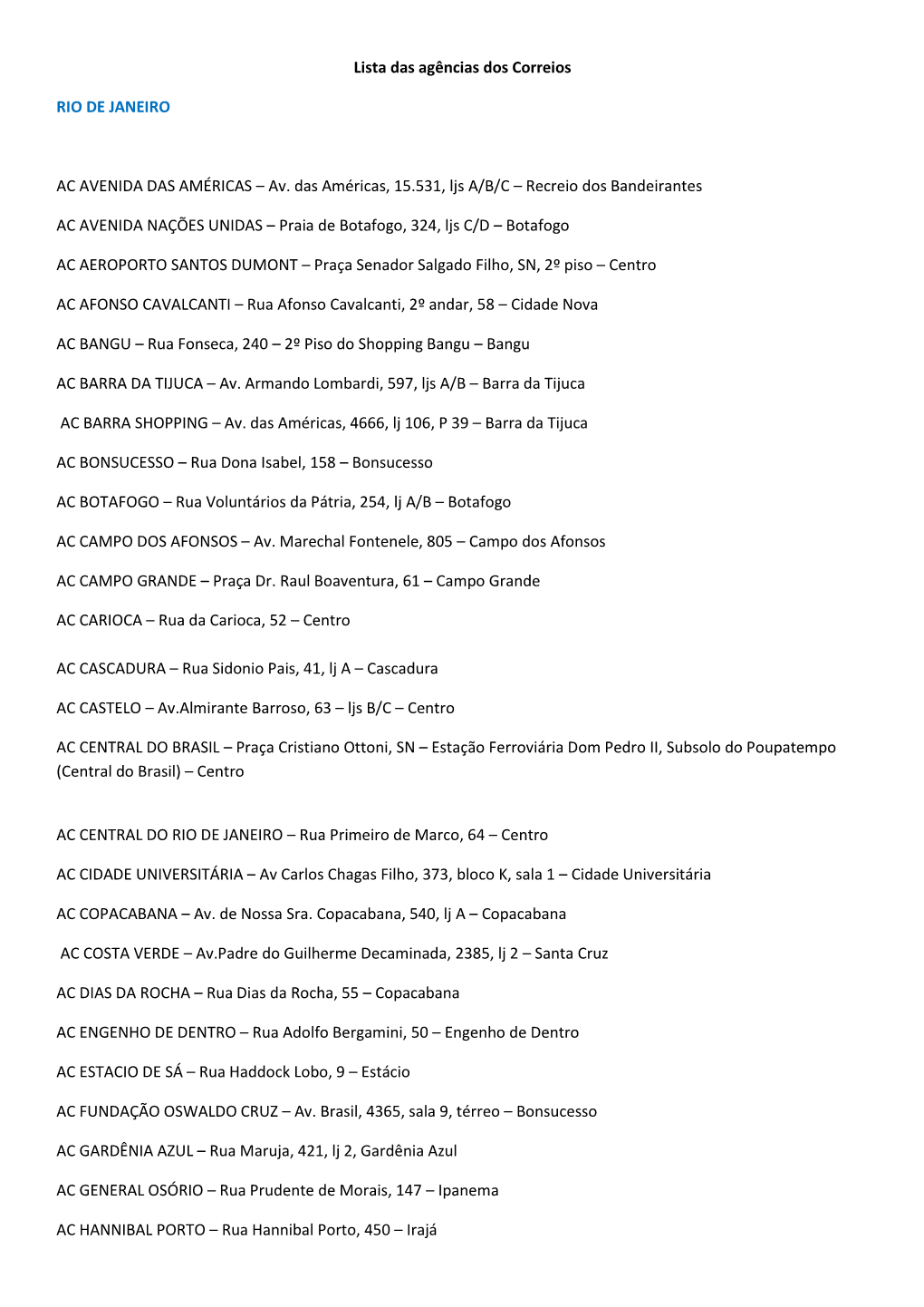 Lista Das Agências Dos Correios RIO DE JANEIRO AC AVENIDA DAS AMÉRICAS – Av. Das Américas, 15.531, Ljs A/B/C – Recreio Do