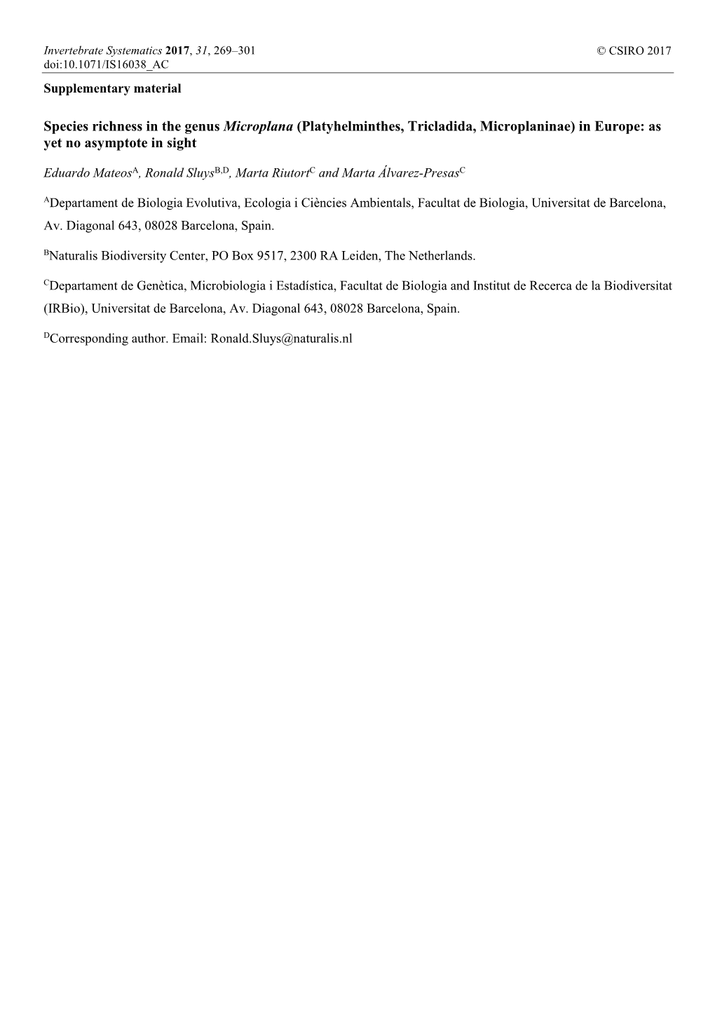 Species Richness in the Genus Microplana (Platyhelminthes, Tricladida, Microplaninae) in Europe: As Yet No Asymptote in Sight