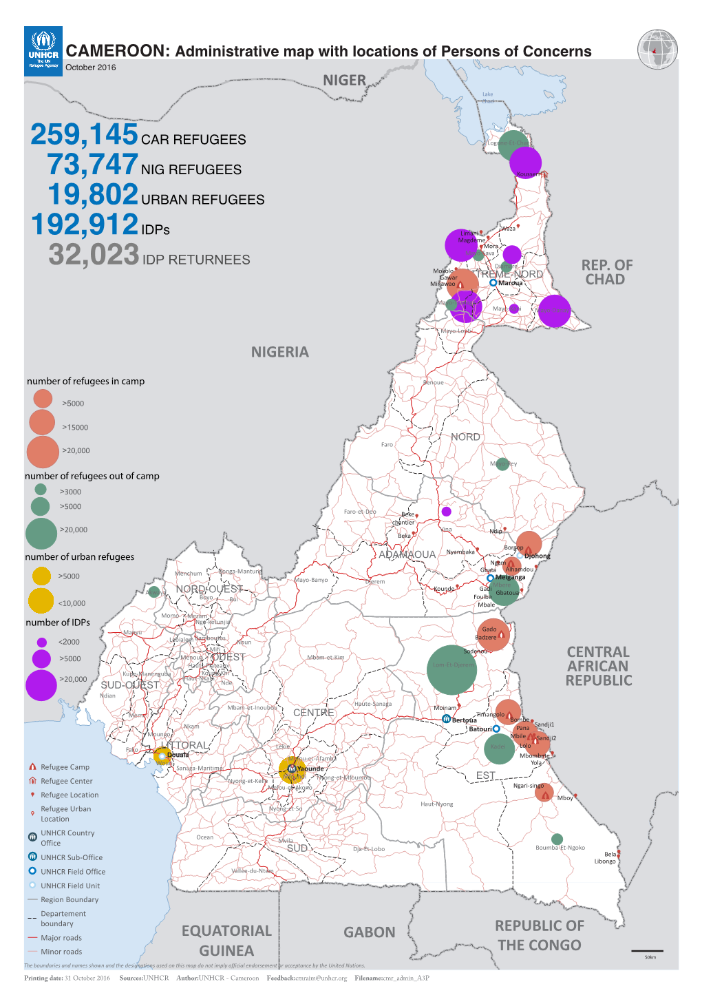 Cameroon: Administrative Map with Locations of Persons of Concerns; October 2016