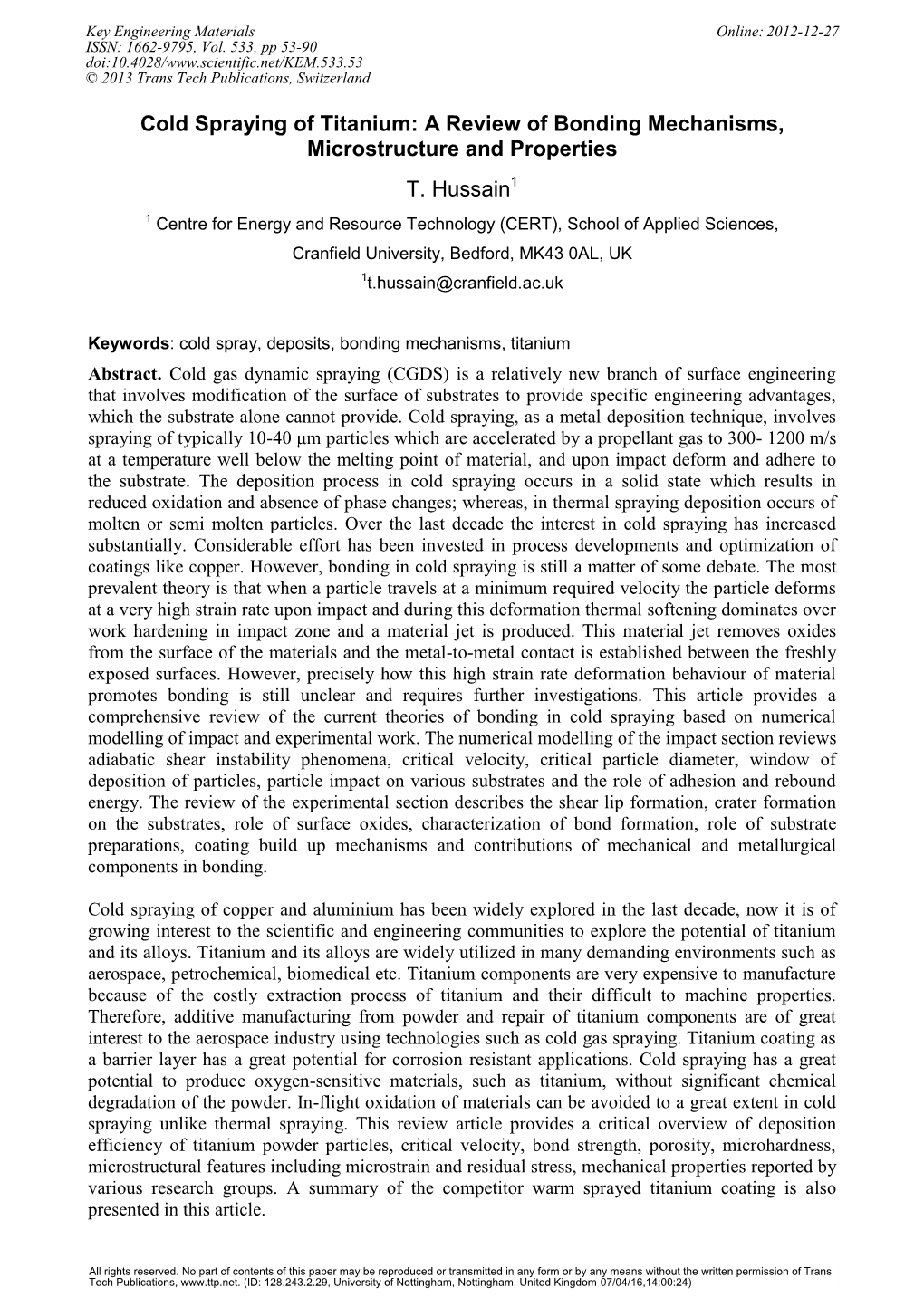 Cold Spraying of Titanium: a Review of Bonding Mechanisms, Microstructure and Properties T