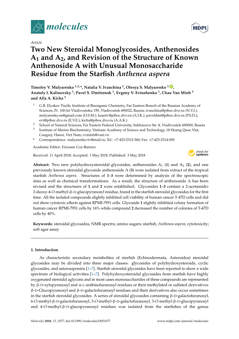 Two New Steroidal Monoglycosides, Anthenosides A1 and A2, And