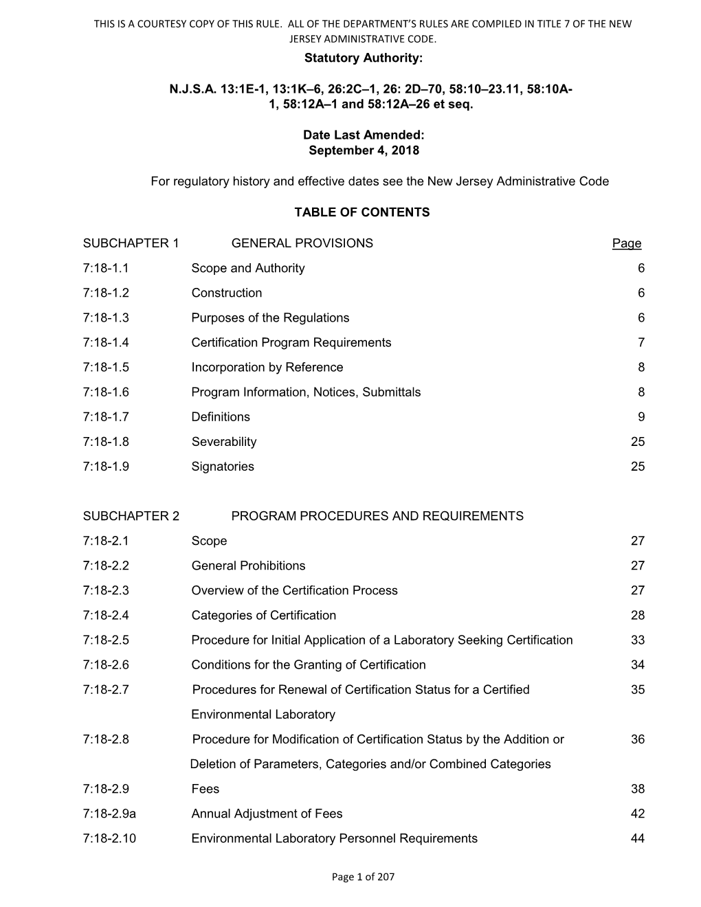 N.J.A.C. 7:18 Regulations Governing the Certification of Laboratories and Environmental Measurements