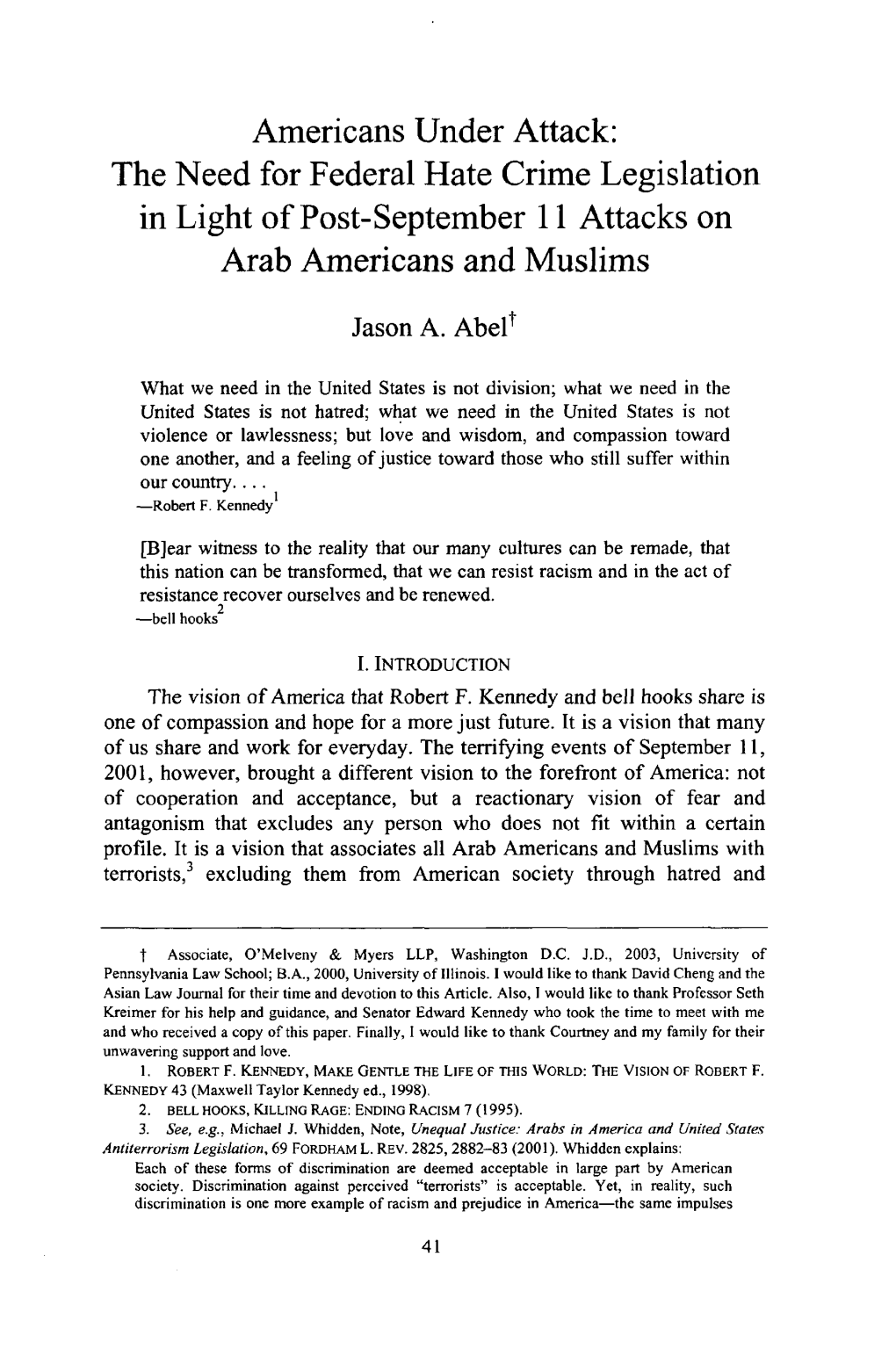 The Need for Federal Hate Crime Legislation in Light of Post-September 11 Attacks on Arab Americans and Muslims