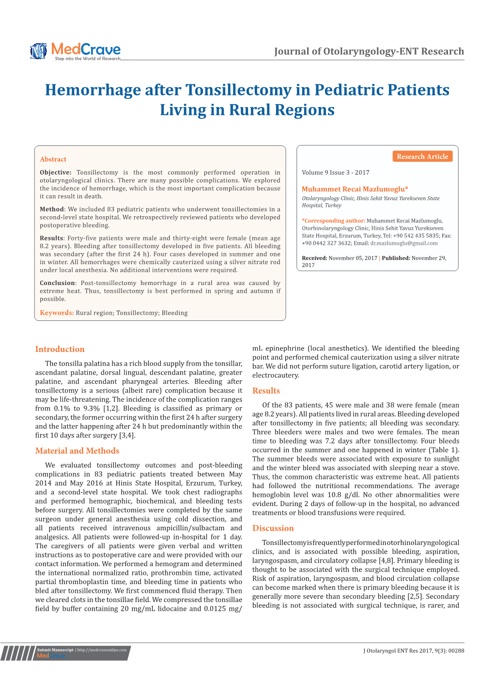 Hemorrhage After Tonsillectomy in Pediatric Patients Living in Rural Regions