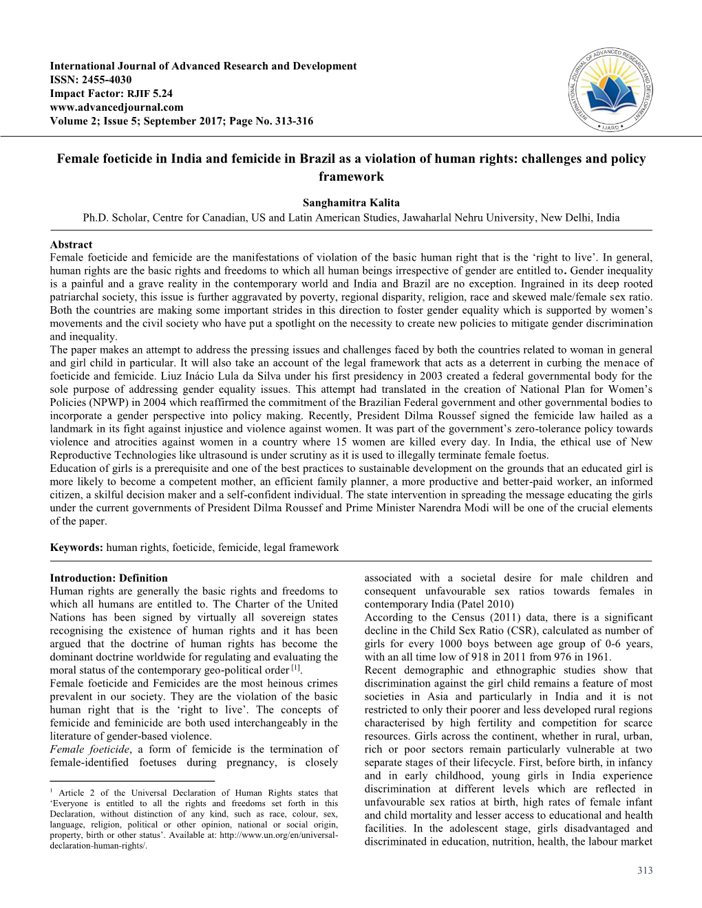 Female Foeticide in India and Femicide in Brazil As a Violation of Human Rights: Challenges and Policy Framework