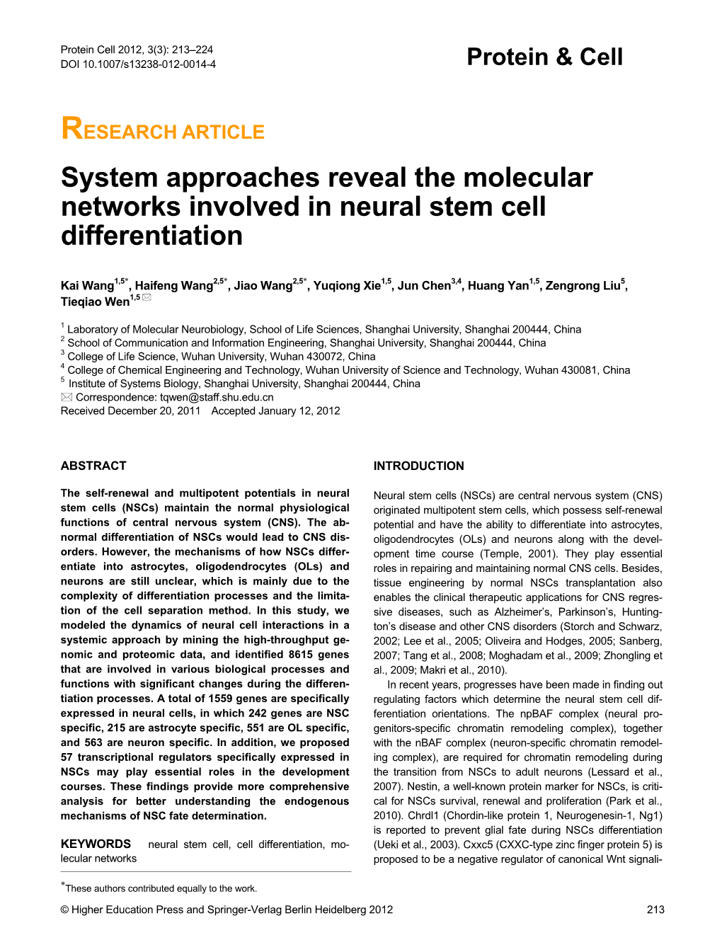 System Approaches Reveal the Molecular Networks Involved in Neural Stem Cell Differentiation