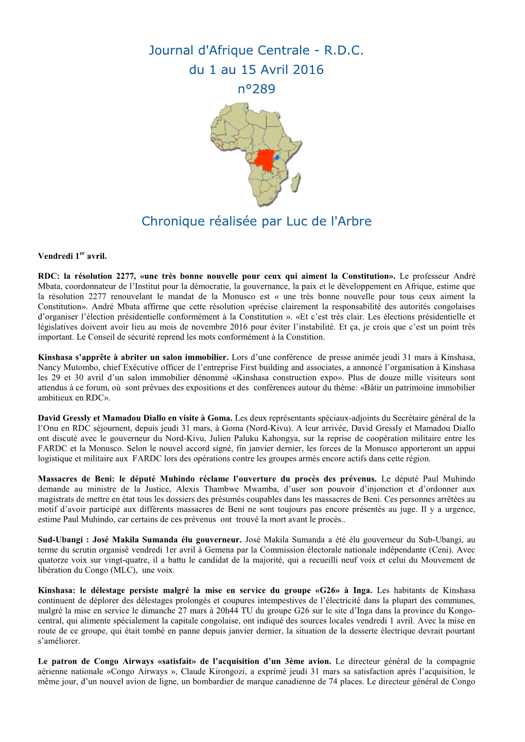 Journal D'afrique Centrale - R.D.C