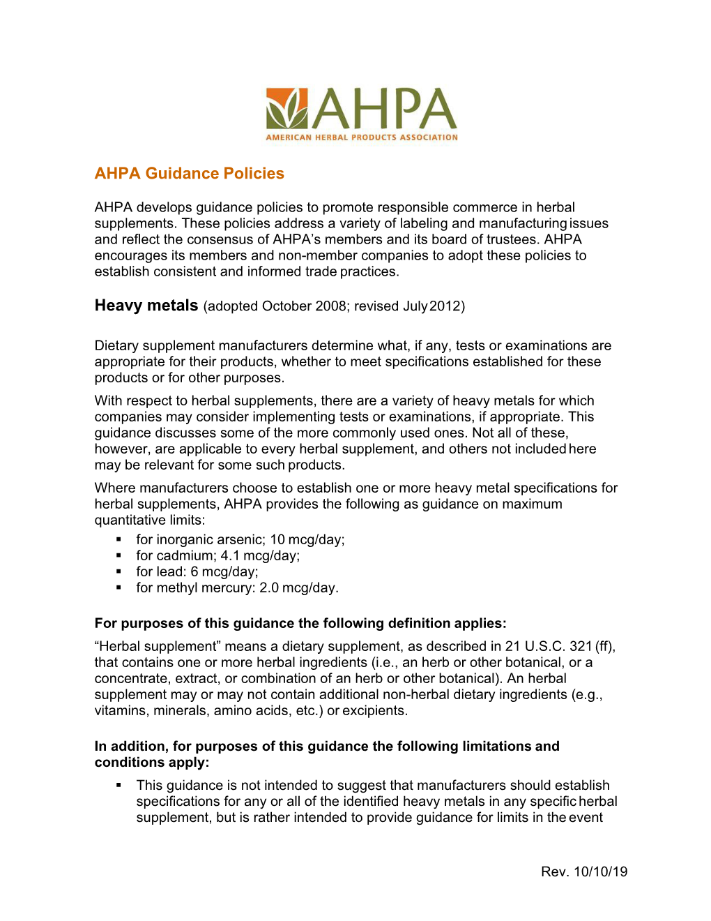 AHPA Guidance Policies