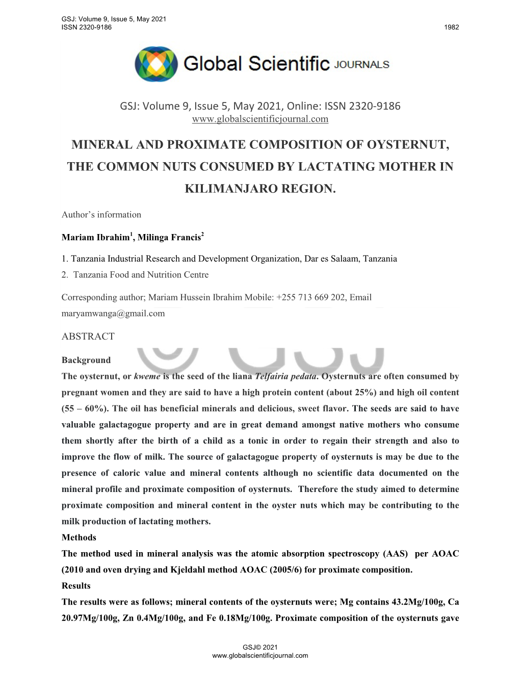 Mineral and Proximate Composition of Oysternut, the Common Nuts Consumed by Lactating Mother in Kilimanjaro Region