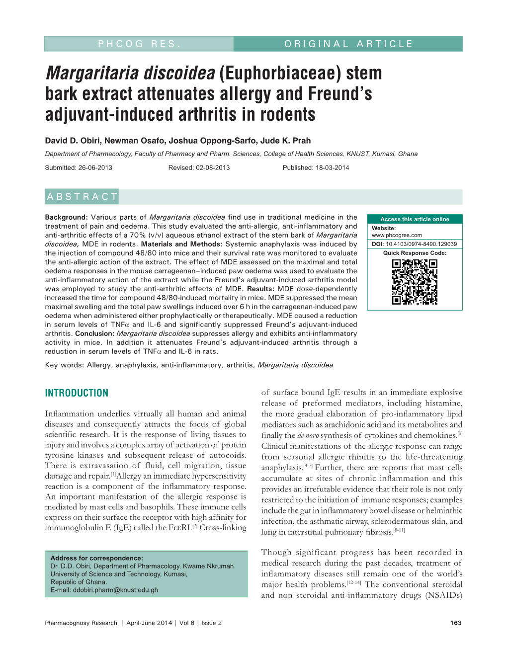 Margaritaria Discoidea (Euphorbiaceae) Stem Bark Extract Attenuates Allergy and Freund’S Adjuvant‑Induced Arthritis in Rodents